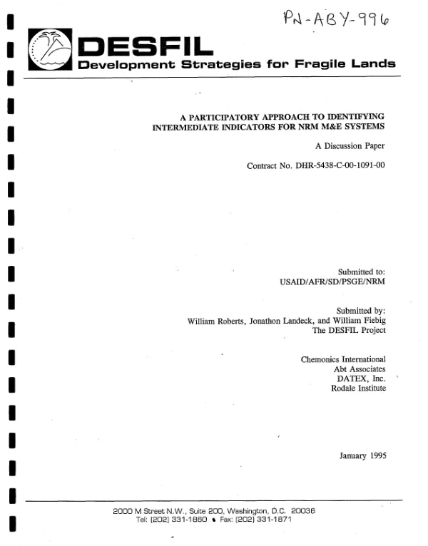 Participatory approach to identifying intermediate indicators for NRM [natural resource management] M&E [management and evaluation] systems : a discussion paper