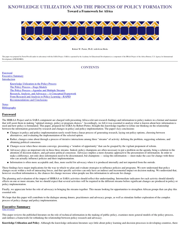 Knowledge utilization and the process of policy formation : toward a framework for Africa