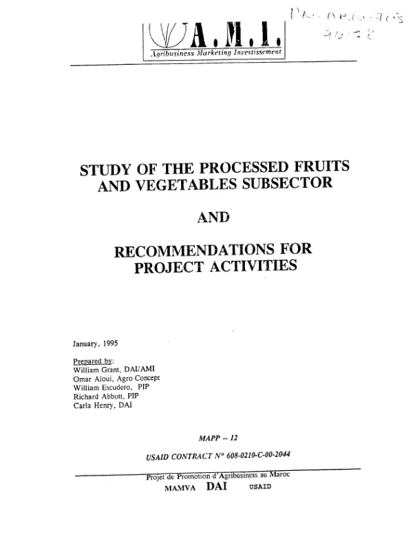 Study of the processed fruits and vegetables subsector and recommendations for project activities