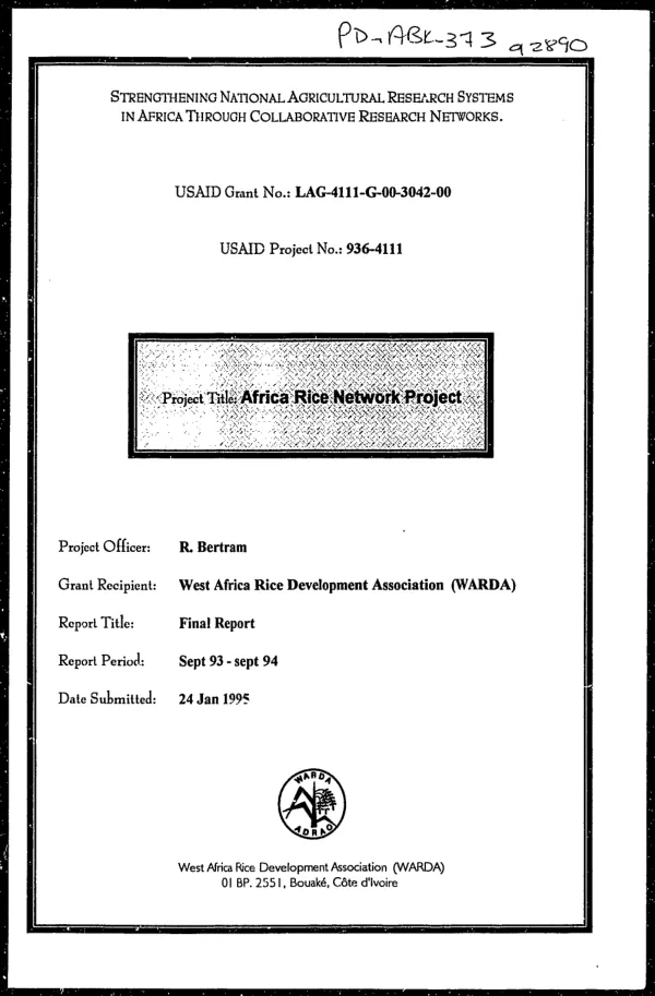Grant no. LAG-411-G-00-3042-00 : project no. 936-4111 -- Africa rice network project : final report