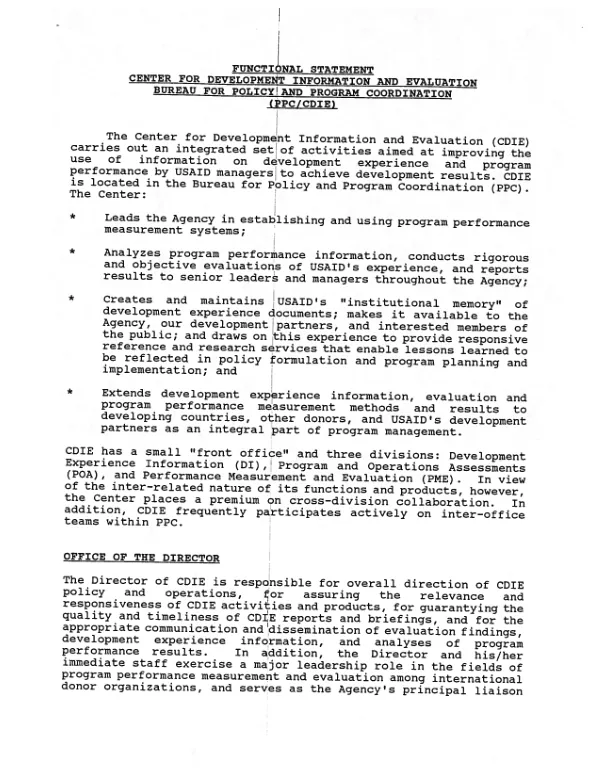 Functional statement : Center for Development Information and Evaluation, Bureau for Policy and Program Coordination (PPC/CDIE)