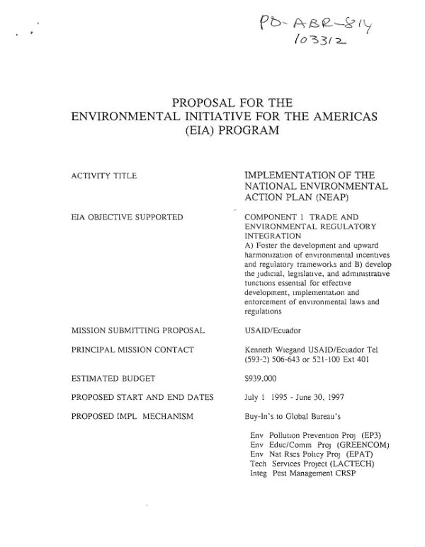 Proposal for the environmental initiative for the Americas (EIA) program