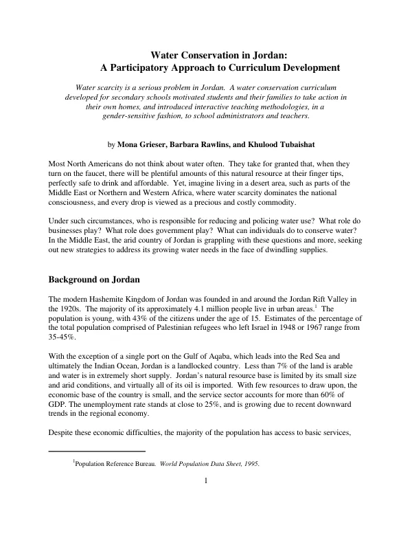 Water conservation in Jordan : a participatory approach to curriculum development