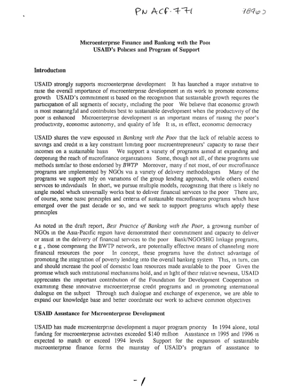 Microenterprise finance and banking with the poor : USAID"s policies and program of support