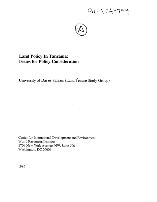Land policy in Tanzania : issues for policy consideration