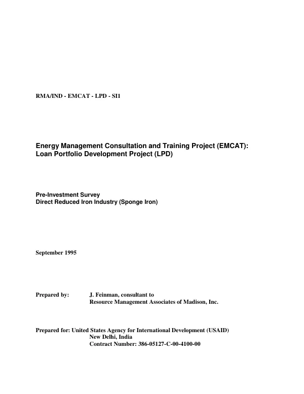 Energy Management Consultation and Training Project (EMMCAT) : Loan Portfolio Development Project (LPD) -- Pre-Investment Survey, Direct Reduced Iron Industry (Sponge Iron)