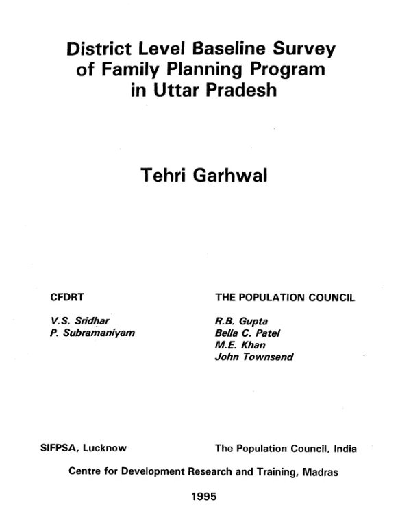 District level baseline survey of family planning program in Uttar Pradesh : Tehri Garhwal