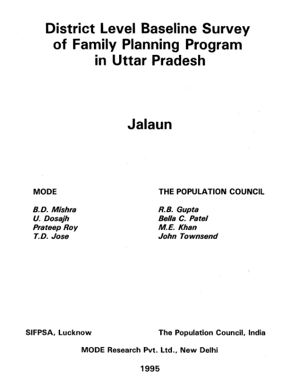 District level baseline survey of family planning program in Uttar Pradesh : Jalaun