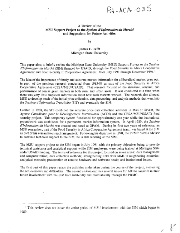 Review of the MSU [Michigan State University] support project to the systeme d"information du marche and suggestions for future activities