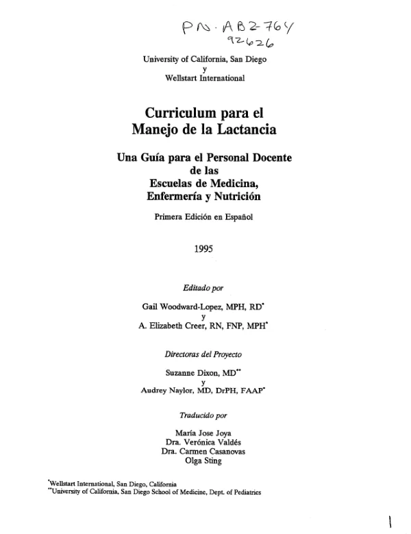 Curriculum para el manejo de la lactancia : una guia para el personal docente de las escuelas de medicina, enfermeria y nutricion