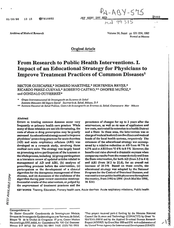 From research to public health interventions. I. impact of an educational strategy for physicians to improve treatment practices of common diseases