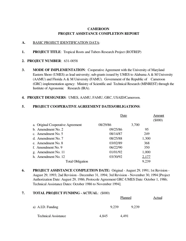 Cameroon : project assistance completion report -- tropical roots and tubers research project