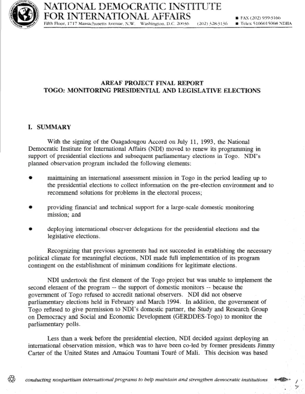 AREAF [African Regional Electoral Assistance Fund] project final report : Togo -- monitoring presidential and legislative elections