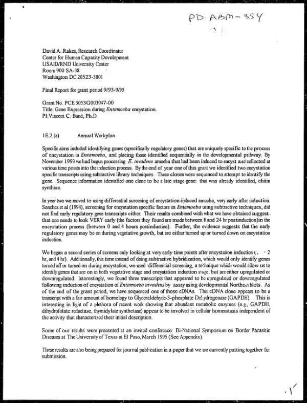 Final report for grant period 9/93-9/95 : grant no. PCE-5053-G-00-3047-00 -- gene expression during entamoeba encystation