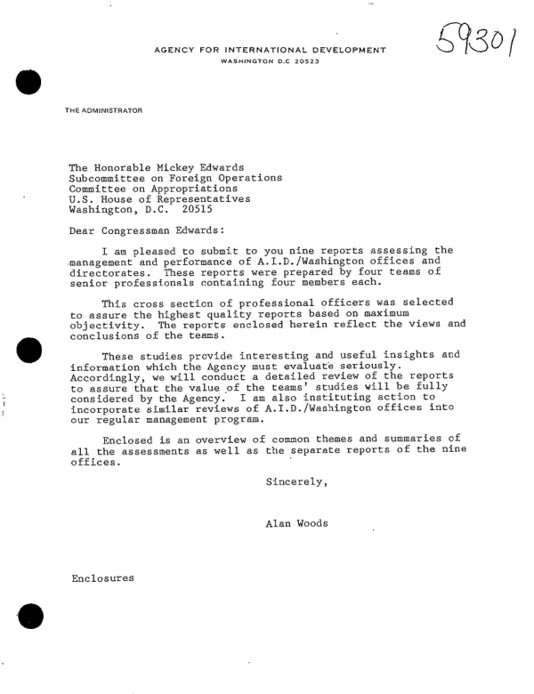 Management and performance assessments of A.I.D./Washington offices and directorates submitted to the U.S. House of Representatives Subcommittee on Foreign Operations as required by the Foreign Operations, Export Financing, and Related Programs Appropriations Act 1988