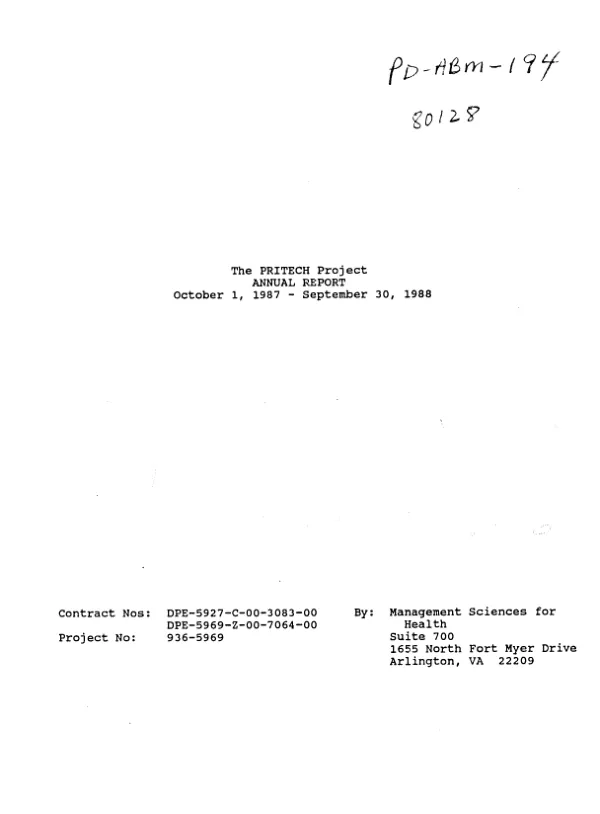PRITECH project : annual report, October 1, 1987-September 30, 1988
