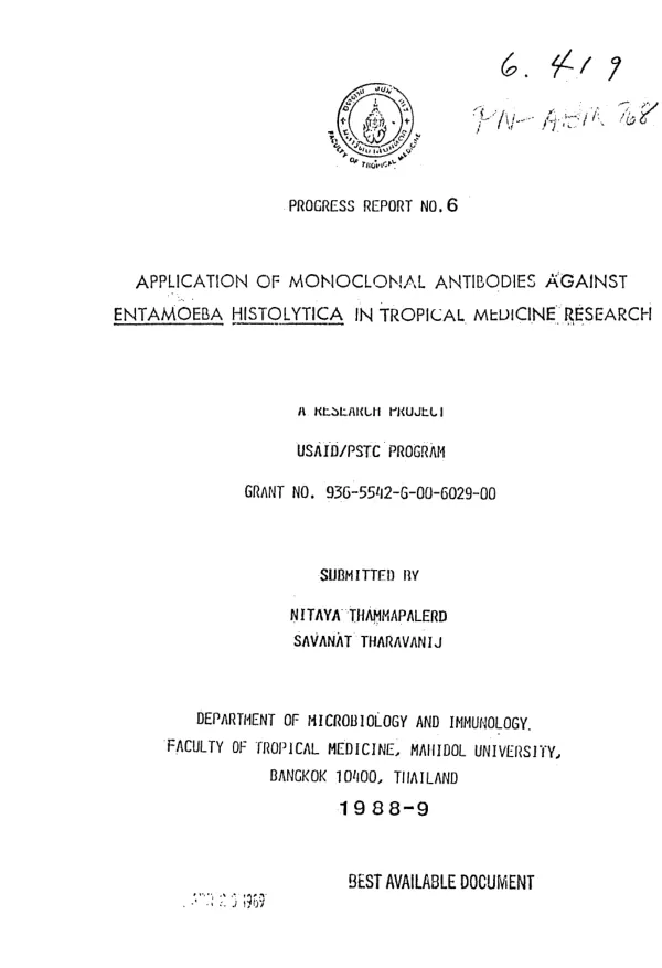 Progress report no. 6 : application of monoclonal antibodies against entamoeba histolytica in tropical medicine research