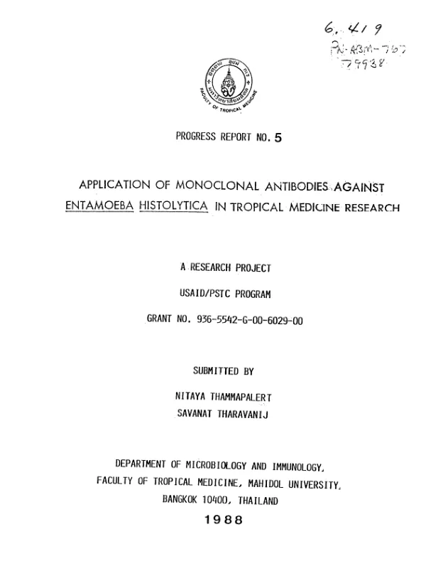 Progress report no. 5 : application of monoclonal antibodies against entamoeba histolytica in tropical medicine research