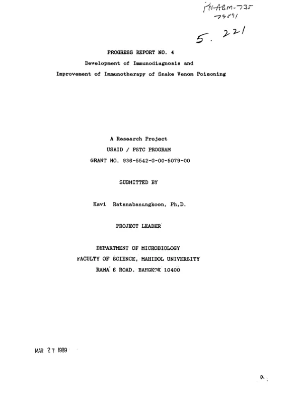 Progress report no. 4 : development of immunodiagnosis and improvement of immunotherapy of snake venom poisoning