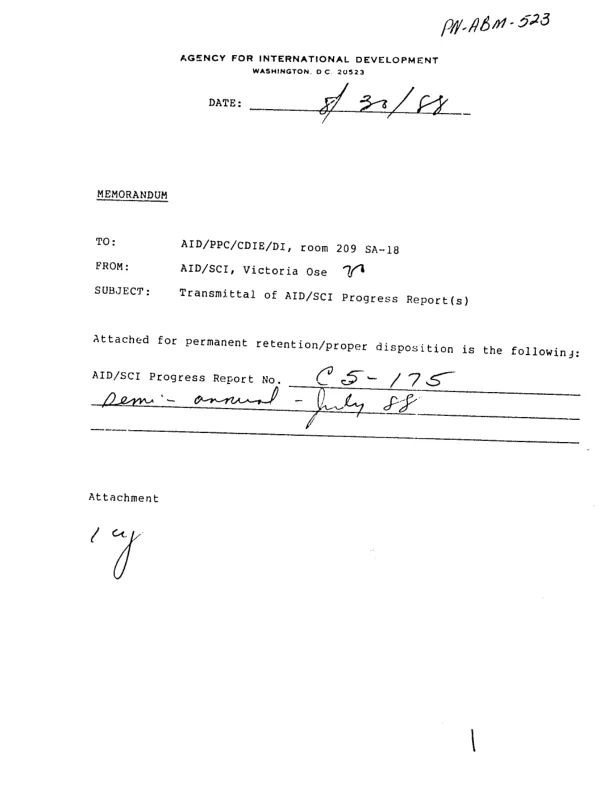Semi annual report - July 1988, US-Israel AID grant no. DPE-5544-G-5506042-00 [i.e. DPE-5544-G-SS-6042-00] development of a mircobial preparation for biological control of the African armyworm, spordoptera exempta