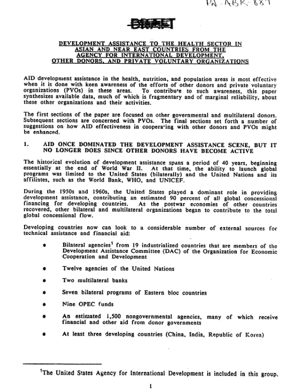 Development assistance to the health sector in Asian and Near East countries from the Agency for International Development, other donors, and private voluntary organizations