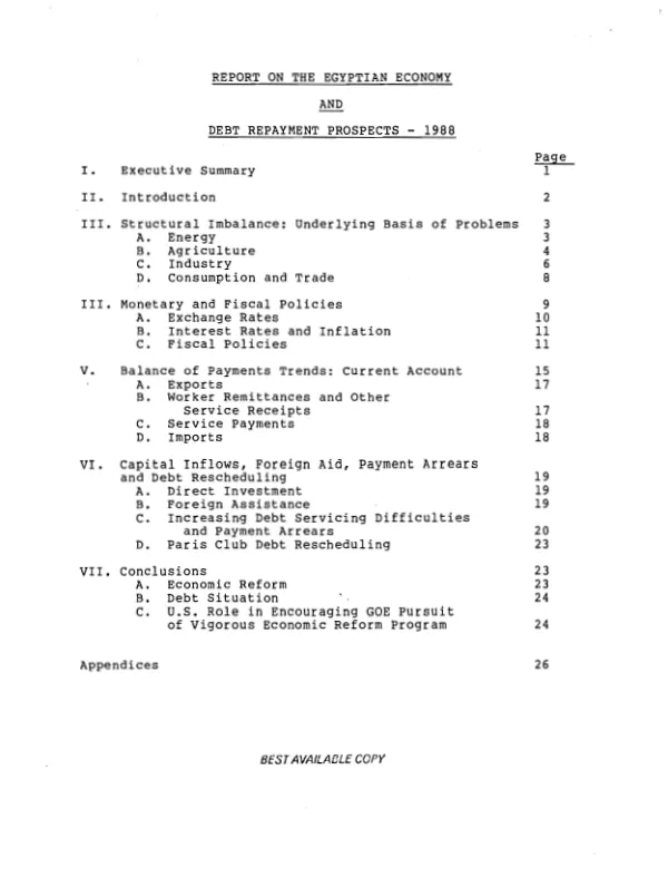 Report on the Egyptian economy and debt repayment prospects - 1988