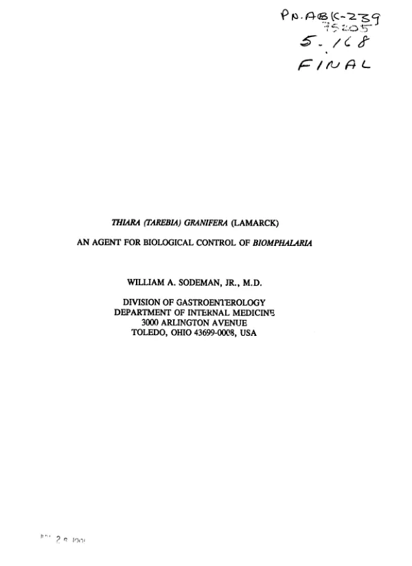 Thiara (Tarebia) granifera (lamarck), an agent for biological control of Biomphalaria
