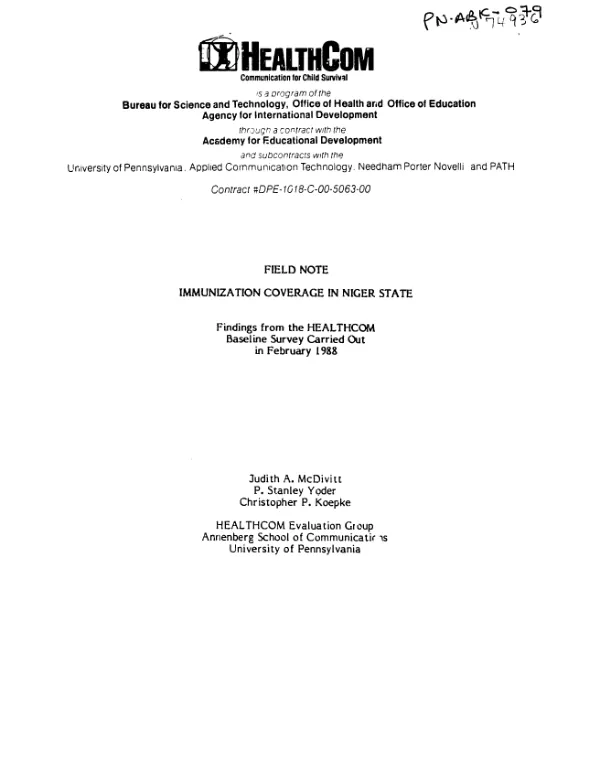 Immunization coverage in Niger State : findings from the HEALHCOM baseline survey carried out in February 1988