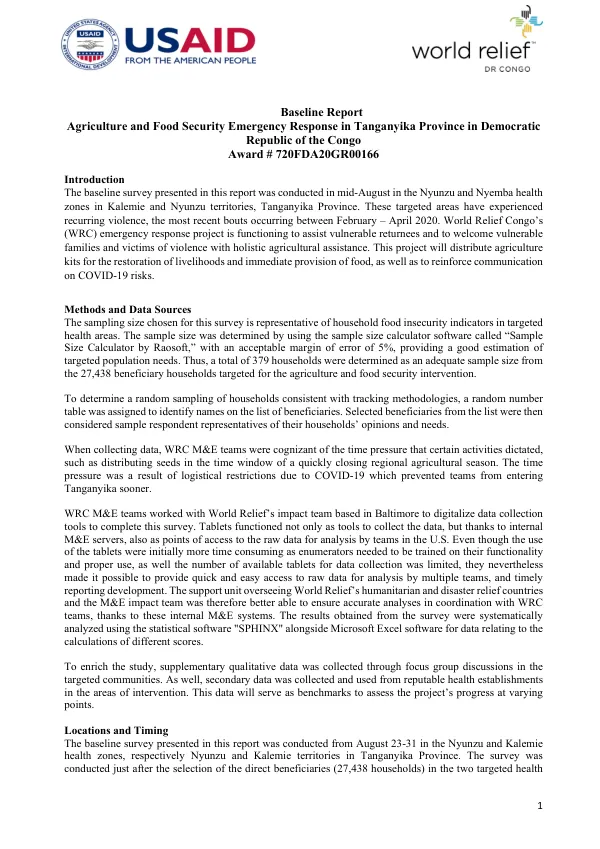 Baseline Report: Agriculture and Food Security Emergency Response in Tanganyika Province in Democratic Republic of the Congo