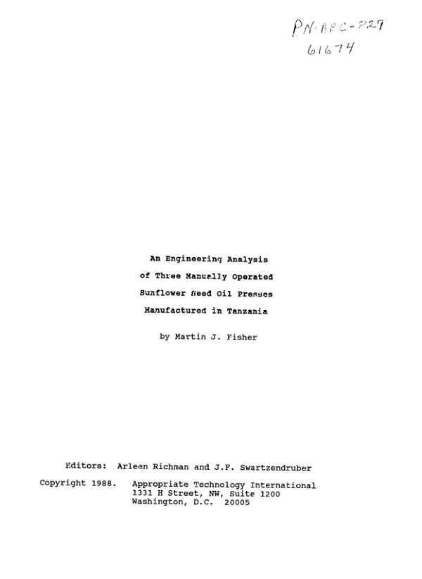 Engineering analysis of three manually operated sunflower seed oil presses manufactured in Tanzania