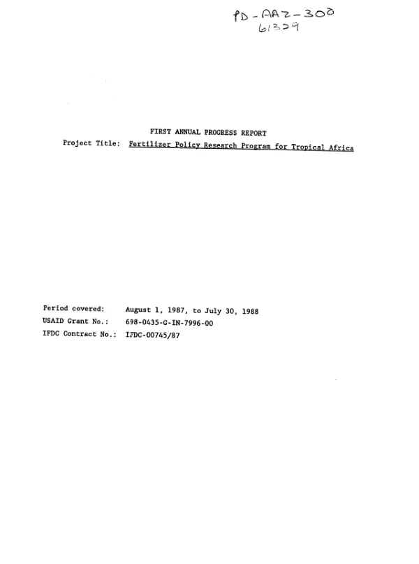First annual progress report -- project title : fertilizer policy research program for tropical Africa