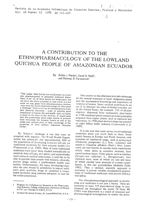Contribution to the ethnopharmacology of the Lowland Quichua people of Amazonian Ecuador