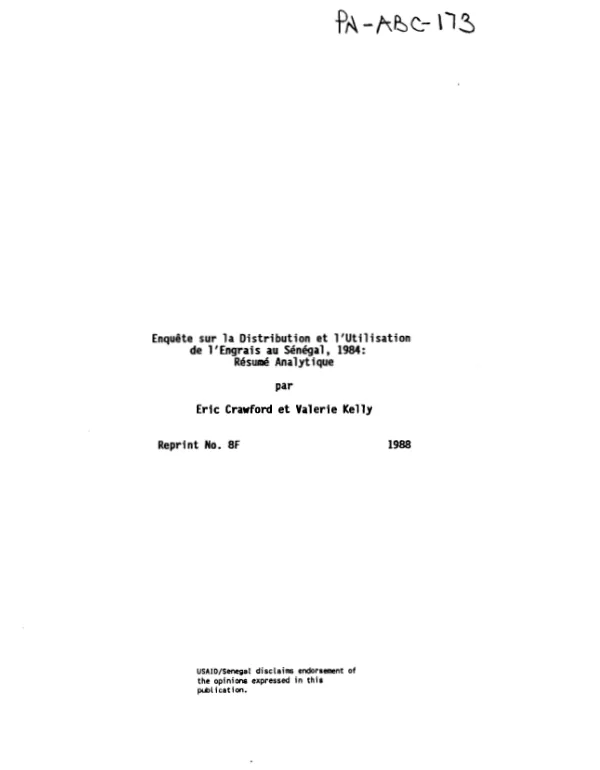 Enquete sur la distribution et l"utilisation de l"engrais au Senegal, 1984 : resume analytique
