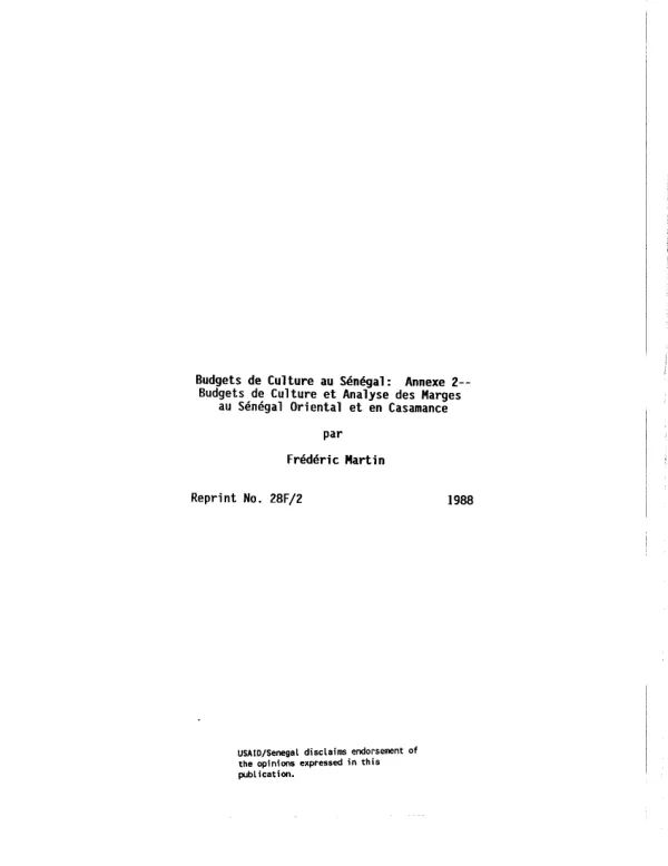 Budgets de culture au Senegal : annex 2 -- budgets de culture et analyse des marges au Senegal oriental et en Casamance