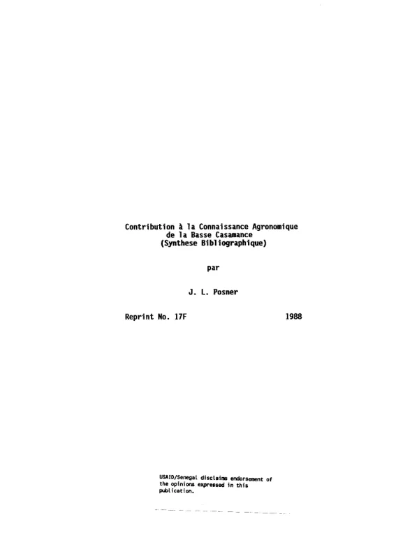 Contribution a la connaissance agronomique de la Basse Casamance (synthese bibliographique)