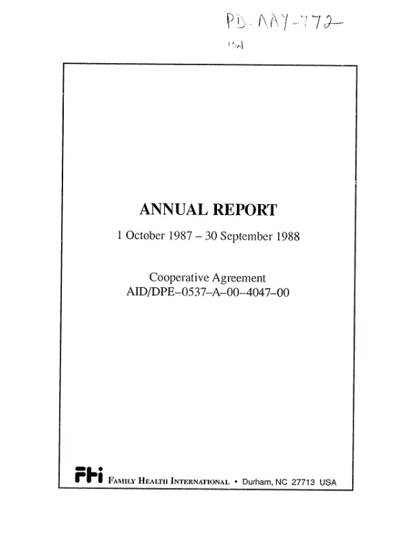 Annual report : 1 October 1987-30 September 1988, cooperative agreement AID/DPE-0537-A-00-4047-00