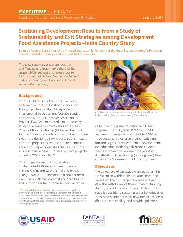 Sustaining Development: Results from a Study ofSustainability and Exit Strategies among DevelopmentFood Assistance Projects – India Country Study - Executive Summary