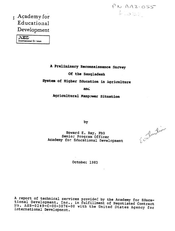 Preliminary reconnaissance survey of the Bangladesh system of higher education in agriculture and agricultural manpower situation