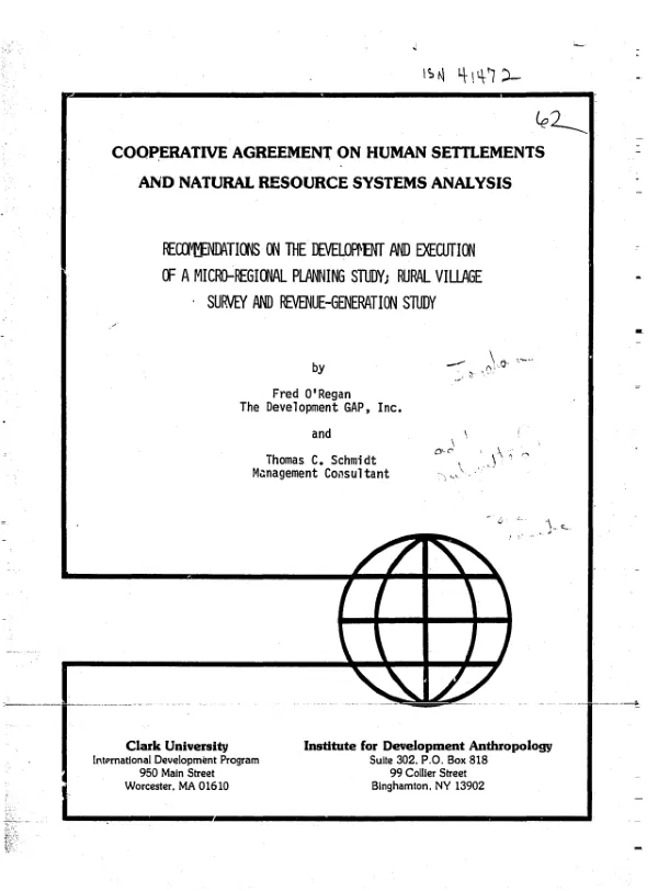 Report : recommendations on the development and execution of a micro-regional planning study; rural village survey and revenue - generation study