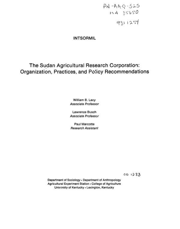 Sudan Agricultural Research Corporation : organization, practices, and policy recommendations