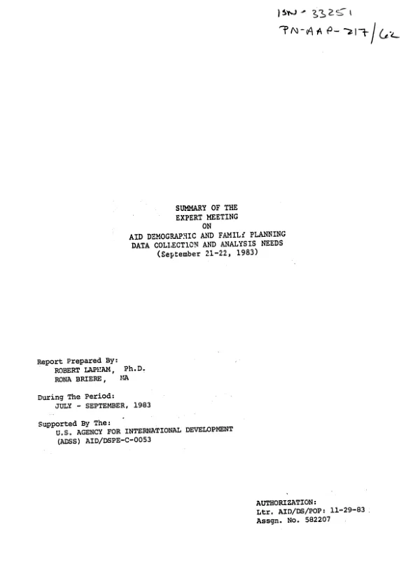 Summary of the expert meeting on AID demographic and family planning data collection and analysis needs (September 21-22, 1983)