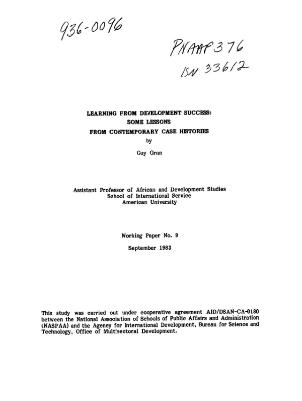 Learning from development success : some lessons from contemporary case histories