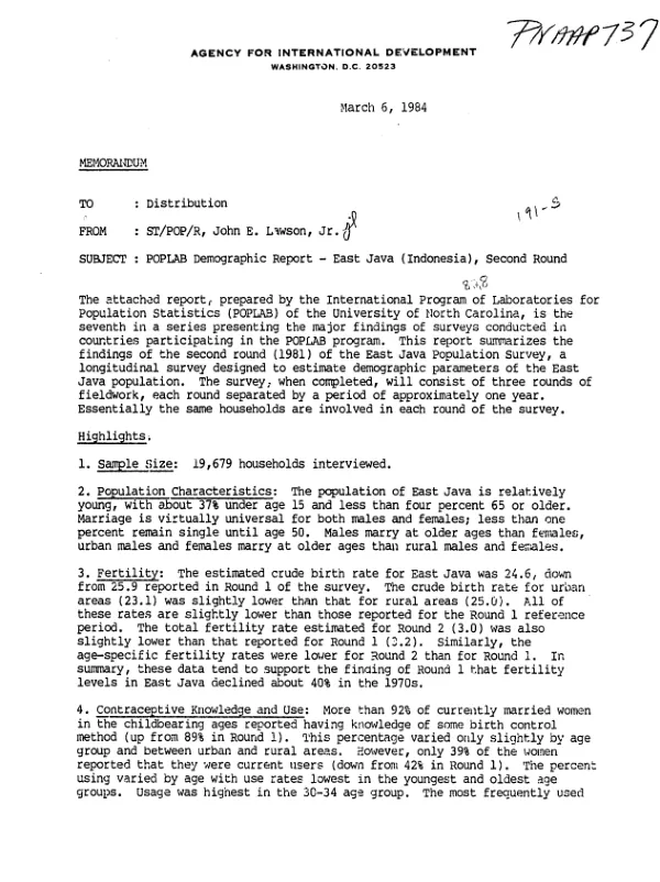 Second round (1981) of the East Java (Indonesia) population survey : a summary of results