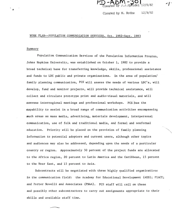 Work plan -- Population Communication Services [The Johns Hopkins University] : Oct. 1982-Sept. 1983