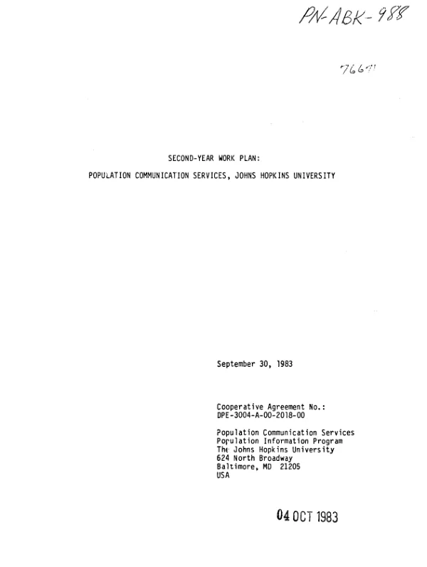Second - year work plan : Population Communication Services, Johns Hopkins University