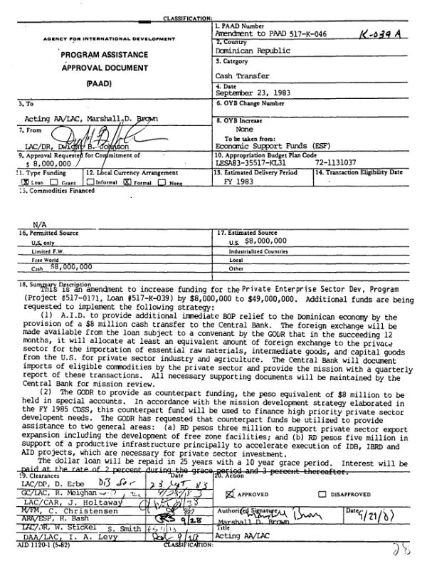 Dominican Republic : cash transfer, amendment no. 1