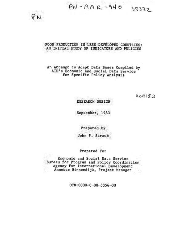 Food production in less developed countries : an initial study of indicators and policies