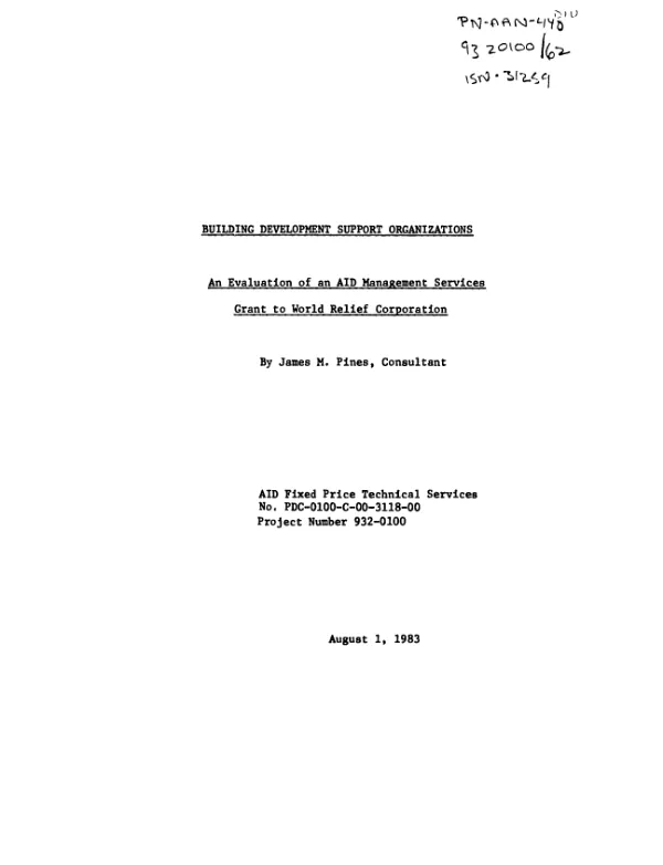 Building development support organizations : an evaluation of an AID management services grant to World Relief Corporation