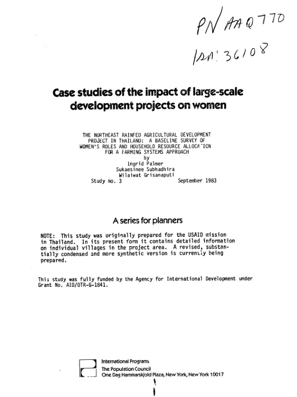 Northeast rainfed agricultural development project in Thailand : a baseline survey of women"s roles and household resource allocation for a farming systems approach
