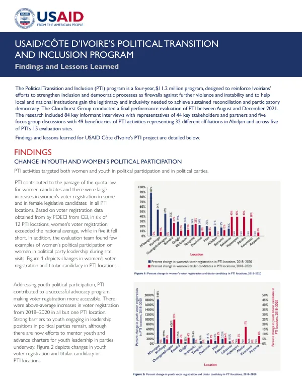 USAID/Cote d'Ivoire Political transition and Inclusion Program Findings and Lessons Learned Two Pager